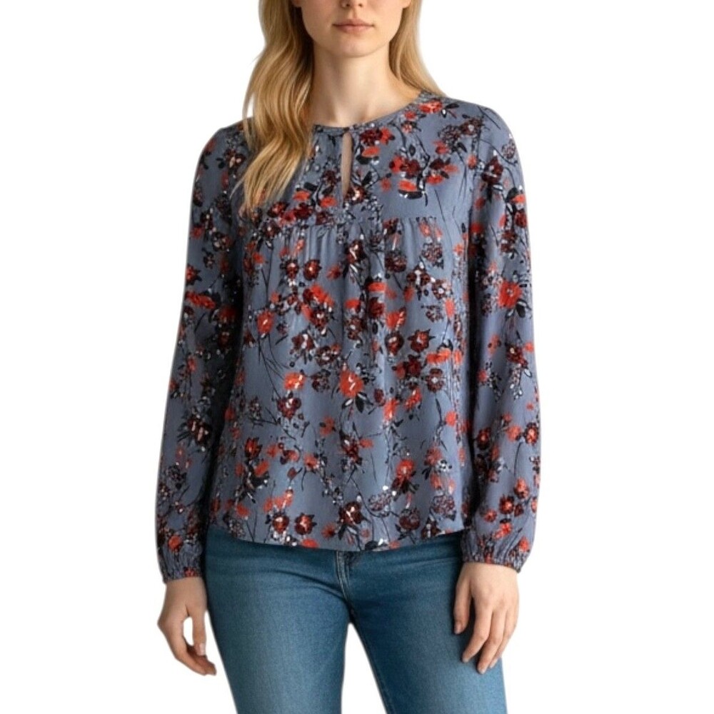 Abercrombie & Fitch Women's Studded Blouse w/Open Long Sleeves Sz S Floral Slate